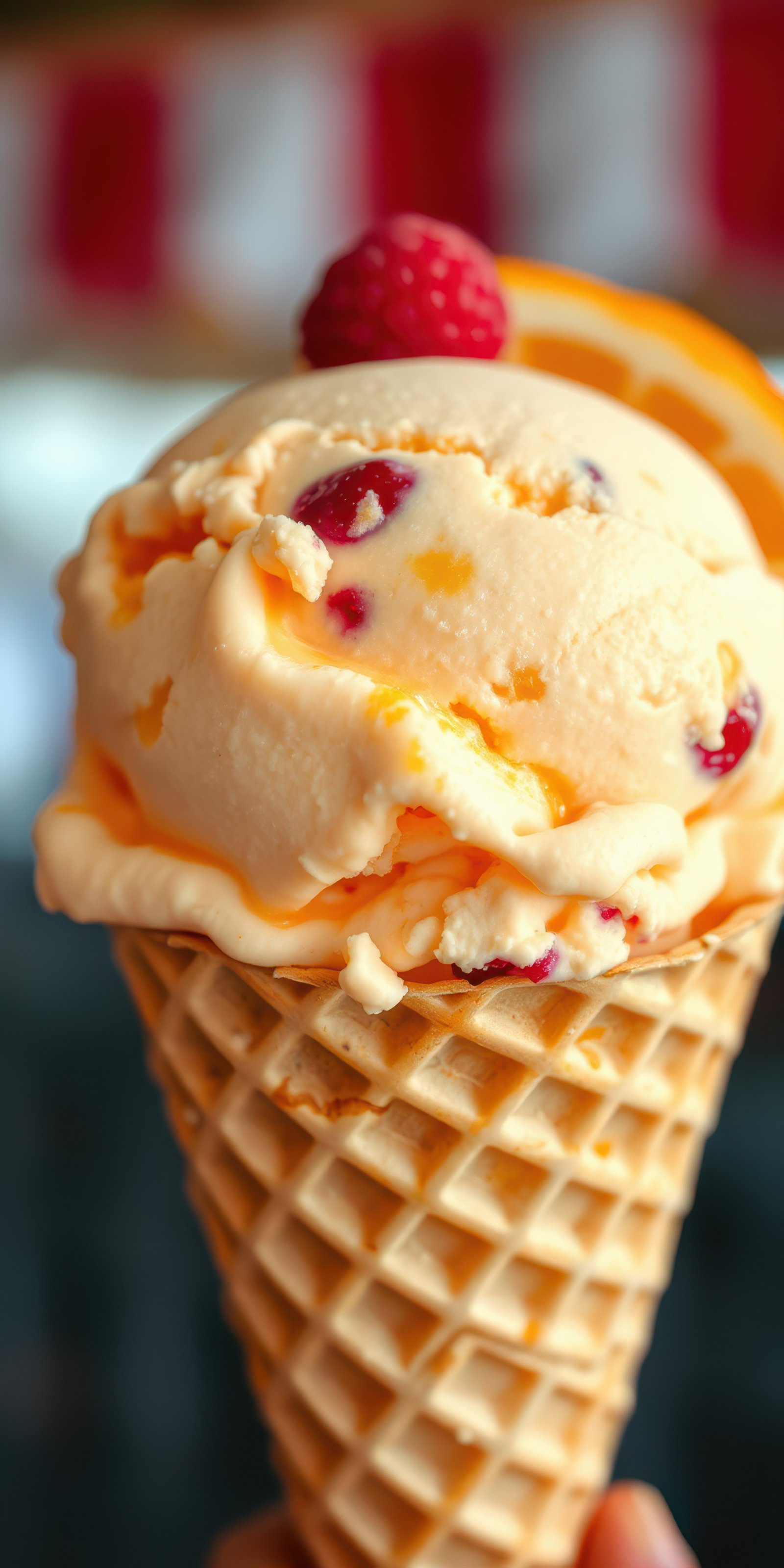 Ice cream cone topped with raspberries and orange slice in a colorful setting during summer